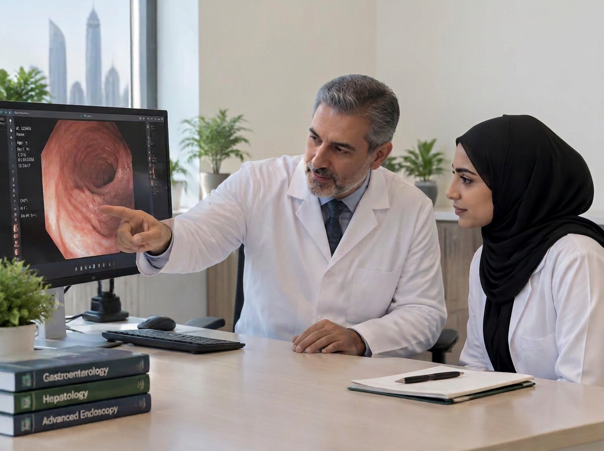A senior gastroenterologist mentoring a younger colleague over an endoscopy image